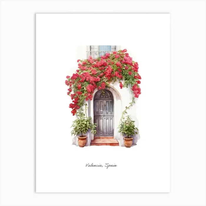 Valencia, Spain Mediterranean Doors Watercolour Painting 1 Poster Art Print by MedArt