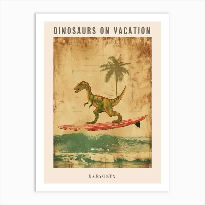 Vintage Baryonyx Dinosaur On A Surf Board 4 Poster Art Print by Bubblegum Kitsch