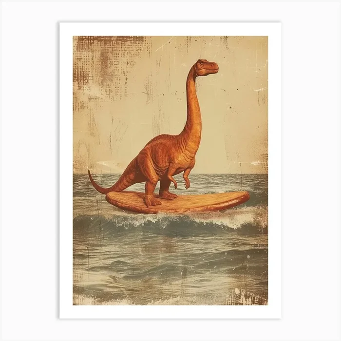 Vintage Brachiosaurus Dinosaur On A Surf Board 1 Art Print by Bubblegum Kitsch