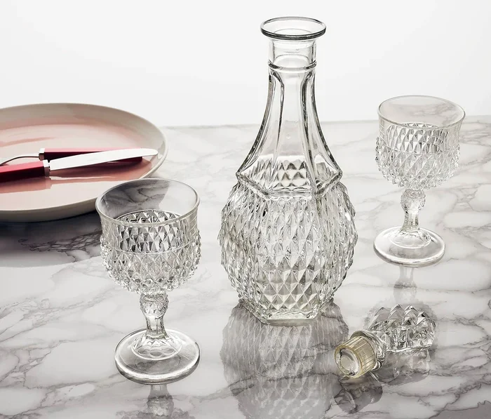 Vintage Diamond Point Clear Studded Decanter/Wine Glass Set
