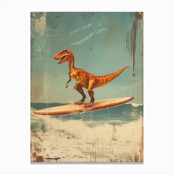 Vintage Dilophosaurus Dinosaur On A Surf Board 1 Canvas Print by Bubblegum Kitsch