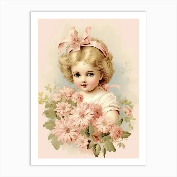 Vintage Pink Flower Girl Illustration Kitsch Art Print by Bubblegum Kitsch
