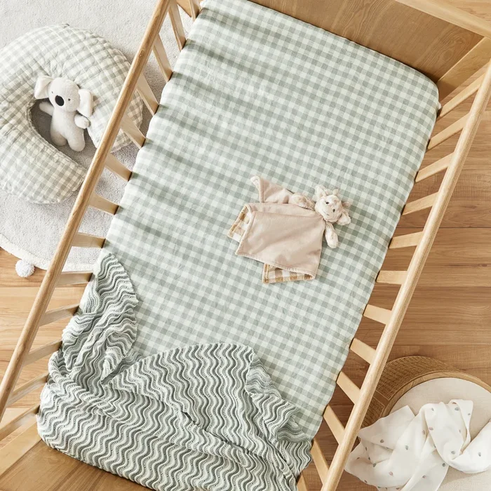 Vintage Washed Linen Eucalyptus Check Fitted Sheet