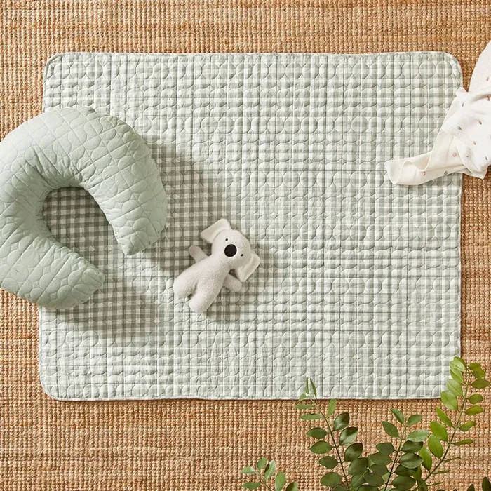Vintage Washed Linen Eucalyptus Check Quilted Play Mat