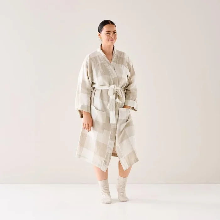 Vintage Washed Linen Large Linen Check Robe