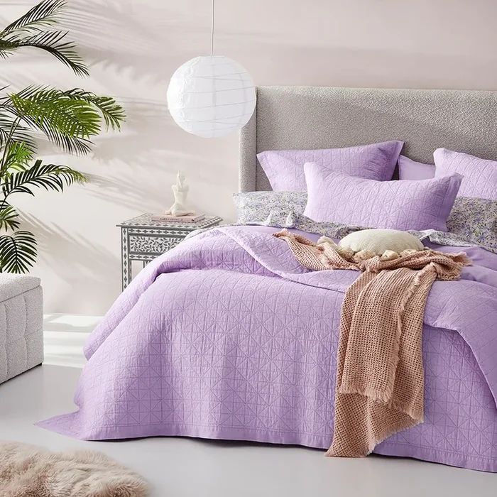 Vintage Washed Linen Pastel Lilac Quilted Coverlet Separates