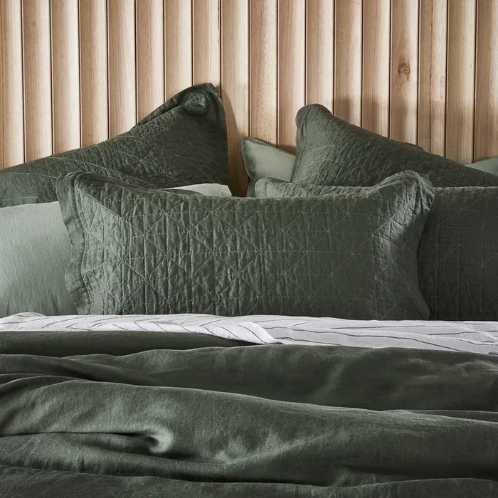 Vintage Washed Linen Thyme Quilted Pillowcase