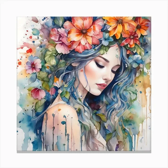 Watercolor Of A Girl With Flowers Canvas Print by MORAE