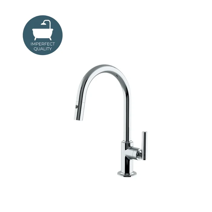 Waterworks Bond Solo Series One Hole Gooseneck Integrated Pull Spray Kitchen Faucet with Straight Lever Handle in Chrome