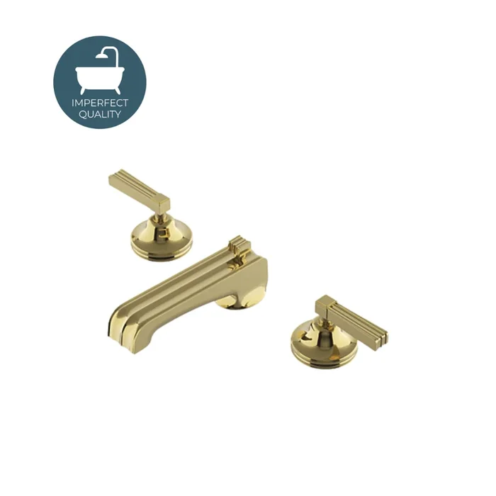 Waterworks Boulevard Low Profile Three Hole Deck Mounted Lavatory Faucet with Metal Lever Handles in Brass