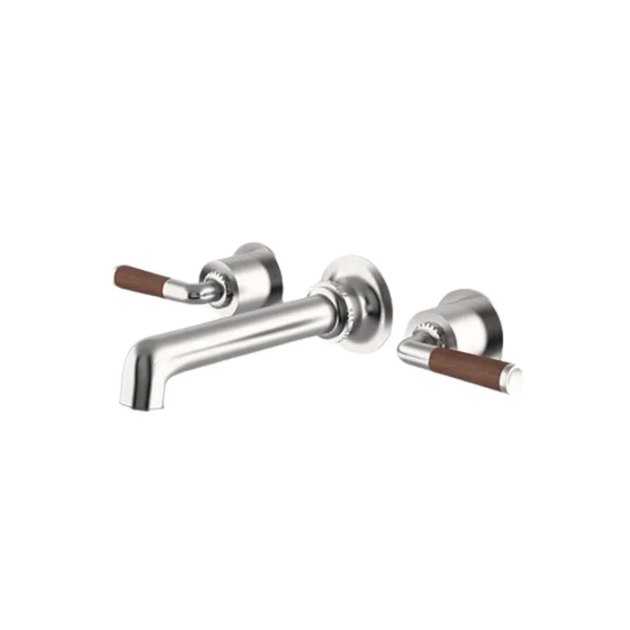 Waterworks Henry Wall Mounted Lavatory Faucet with Walnut Lever Handles in Matte Nickel