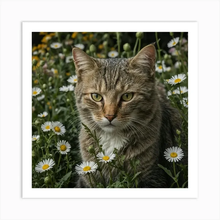 William Morris Peeakaboo Cat Michaelmas Daisy John Hen Art Print by Waqas Art