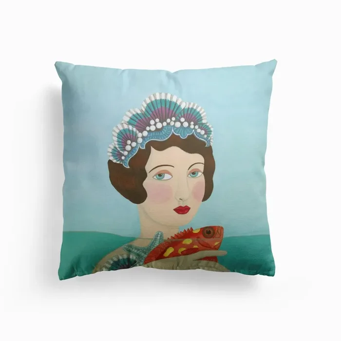 Woman And Seashells Cushion by Sally B