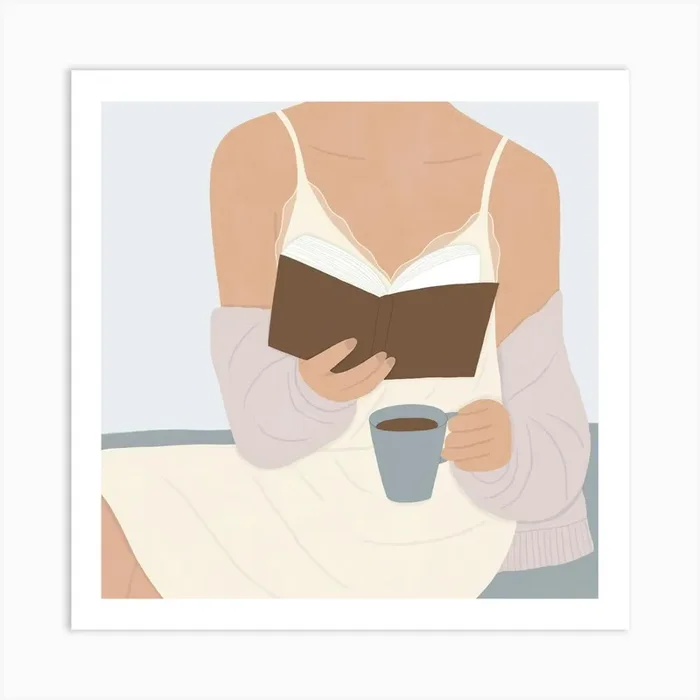Woman Reading A Book With A Coffee Art Print by Happy Mouse Studio