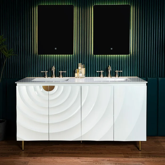 WOODBRIDGE 60 “X22 ” Bathroom Vanity in White with Double Ceramic Undermount Sinks, White Engineered Stone Vanity Top– 3D Wave Pattern Doors, Sleek Thin-Leg Frame, Space-Saving for Modern Living