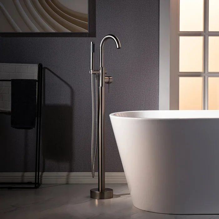 WOODBRIDGE F0023BNRD Contemporary Single Handle Floor Mount Freestanding Tub Filler Faucet with Cylinder Shape Hand shower