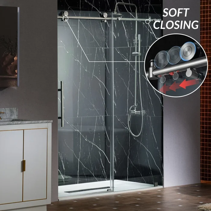 WOODBRIDGE Frameless Single Sliding Shower Doors, 45.5-48 ” Width x 76 “Height with 3/8 “(10mm) Clear Tempered Glass, Soft Close System and Explosion-Proof Film